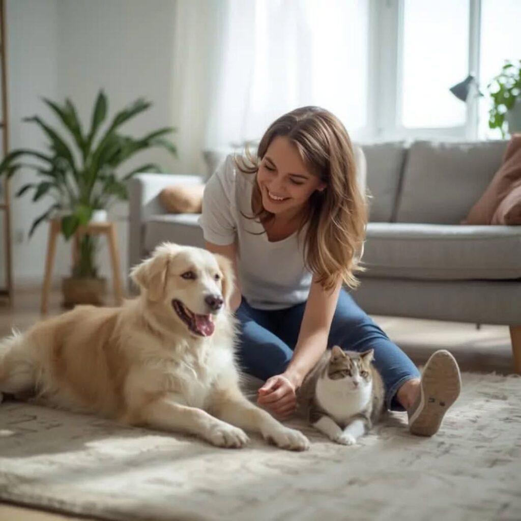 Woman happily playing with her pet dog and cat at home, showcasing loving pet care and companionship